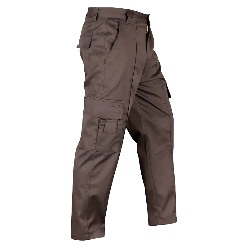 Pantalones de trabajo marrones con múltiples bolsillos, adecuados para trabajos de construcción y mantenimiento. 1